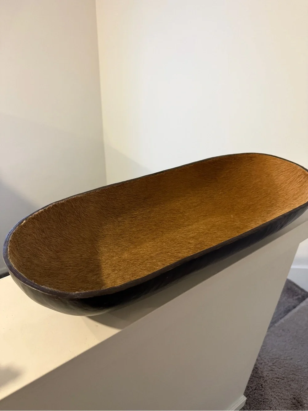 Large Leather & Hair-on-Hide Decorative Trough Bowl 22” Rustic Western Decor